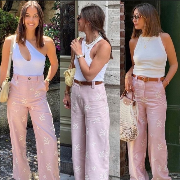 ZARA EMBROIDERED LINEN BLEND PANTS - Picture 3 of 11